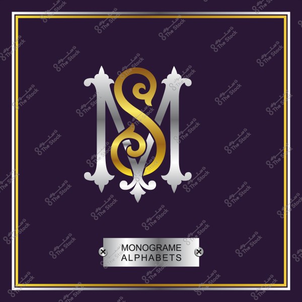 Monogram design with the letters MS in gold and silver on a purple background.