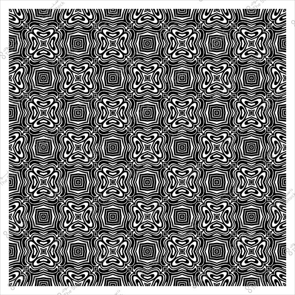 A black and white repeating pattern consisting of complex geometric shapes interlocking with each other.
