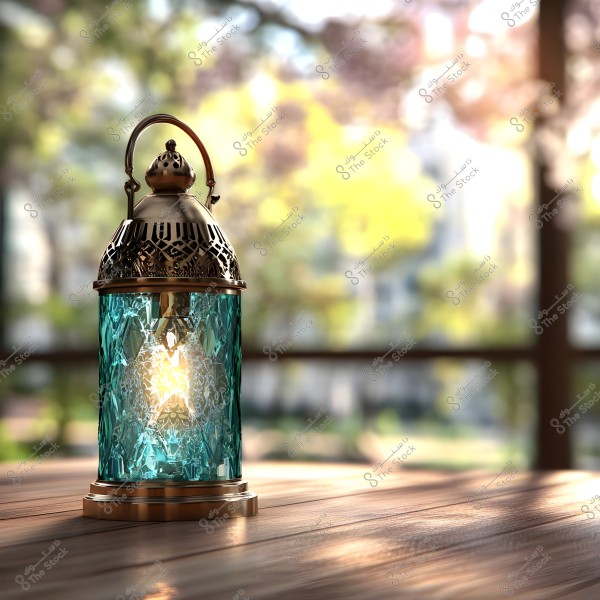 A decorative glass lantern with blue tones and golden metallic accents on a wooden table in a bright indoor setting. The bright light from inside creates a warm glow. The background features large windows with natural sunlight and neutral natural colors.