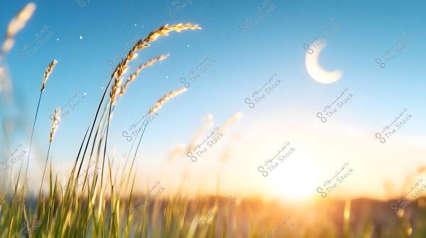 An image showing a field of tall grass and wild grasses under a clear blue sky with a crescent moon above. Sunlight bathes the scene, creating a warm atmosphere.