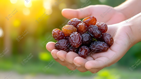 An image showing a pair of hands holding a cluster of glossy, dark brown dates. The background is blurred, featuring natural colors with green and yellow gradients, suggesting a natural environment.