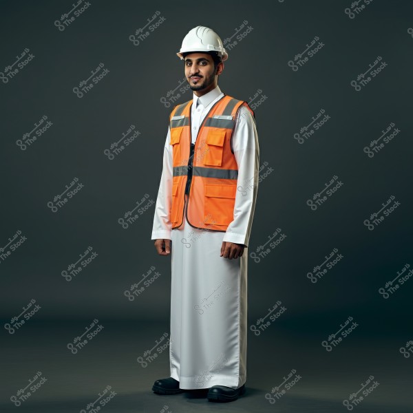 An image of a man wearing a white thobe, an orange safety vest, and a white hard hat, standing in a studio with a professional appearance. He appears to be working in engineering or construction. The background is dark gray.