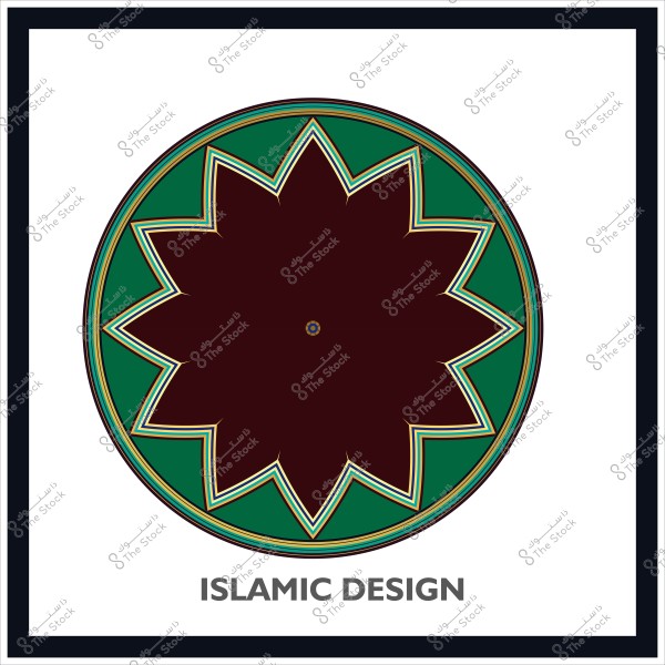تصميم إسلامي دائري بزخرفة نجمية في وسط الصورة, بألوان خضراء وبنية مع تفاصيل ذهبية.
