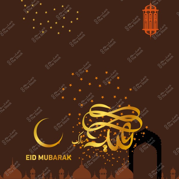 Eid Mubarak greeting image with a brown background, crescent moon, golden decorations, and a lantern.