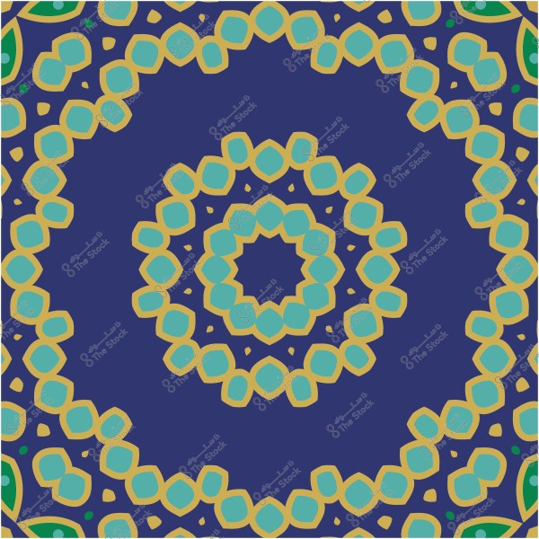 تصميم ماندالا هندسي بالألوان الأزرق والأخضر والذهبي.