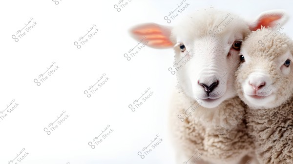 Close-up of a sheep and a lamb standing side by side on a white background. The larger sheep on the left has soft white wool and prominent ears, while the smaller lamb on the right features beautiful curly wool.