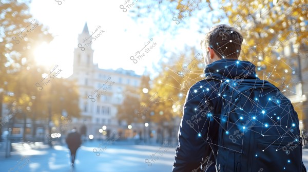 The image shows a person wearing a dark jacket and a backpack, walking down a sunlit street. The background features trees with autumn leaves and a tall building. A transparent, glowing digital network is overlaid on the person\'s back, suggesting connectivity or a digital future.