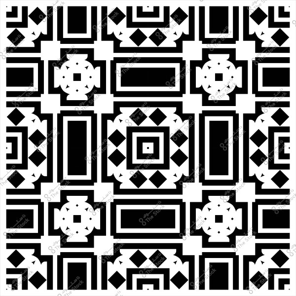 تصميم هندسي بالأبيض والأسود يحتوي على أشكال مربعة ومستطيلة ودائرية متداخلة.