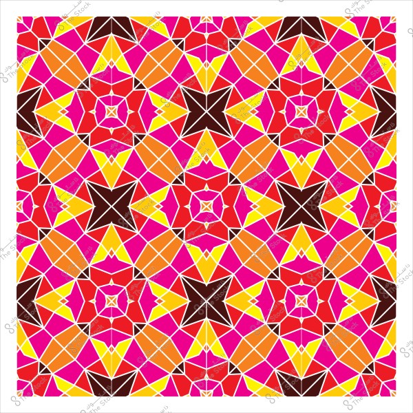 نمط فسيفساء إسلامي بألوان زاهية تشمل الأحمر والبرتقالي والوردي والبني مع تصميمات هندسية.