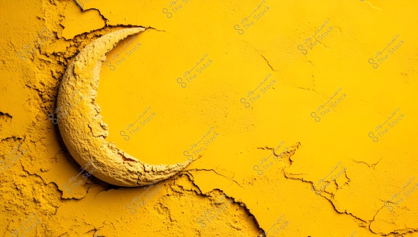 Image of a crescent moon carved into a cracked yellow wall. The wall displays various shades of yellow with multiple cracks in the paint, providing an artistic texture. The moon appears to be protruding from the wall, creating an artistic rendition of a three-dimensional moon concept.