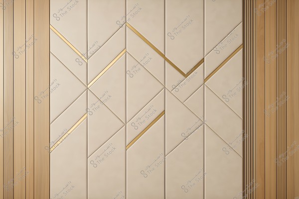 An image of a wall with a geometric design featuring triangular and square shapes in a harmonious beige color, accented with gold lines. The surrounding walls have long vertical stripes in a natural wood color.