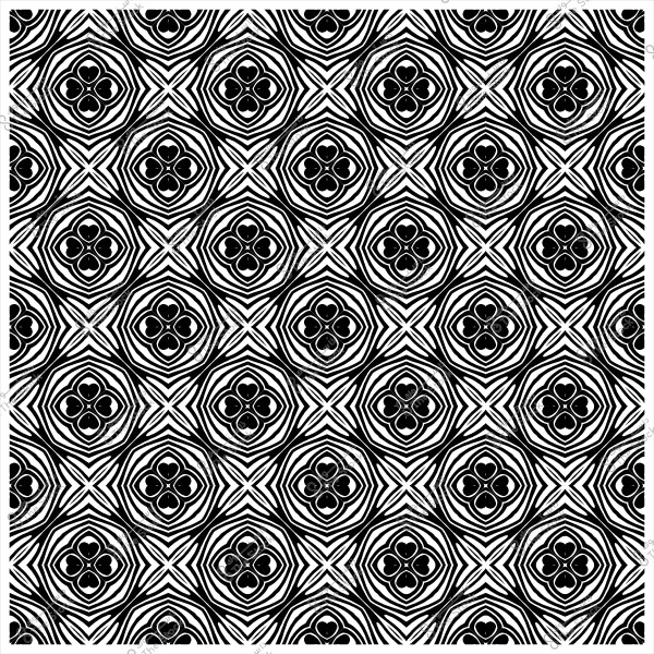 نمط هندسي أسود وأبيض بتصميم متكرر مزخرف يشبه الأزهار داخل أشكال دائرية.