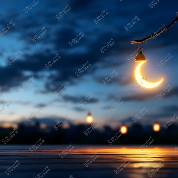 An image depicting a glowing crescent moon hanging from a string, illuminating against a cloudy evening sky. The background shows faint lights from hanging lamps and distant buildings, with reflections of orange and blue hues on the water.