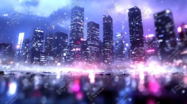 Night view of a modern city in the rain, featuring skyscrapers illuminated with colorful neon lights. The sky is filled with clouds, and fog covers the lower part of the image, enhancing the dreamy atmosphere of the city streets. The water on the ground reflects the lights, adding a sparkle to the overall composition.
