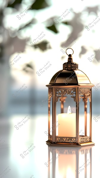 An image of a traditional lantern made of golden metal with ornate details, containing a lit candle inside. The lantern is placed on a reflective surface, with light glowing from the candle. In the background, there are blurred shadows of plant leaves.
