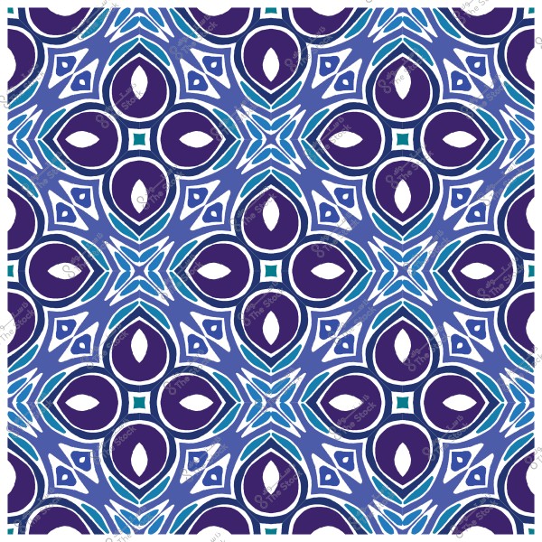 Decorative geometric pattern in blue, purple, and white colors, featuring shapes resembling interlocking circles and squares.