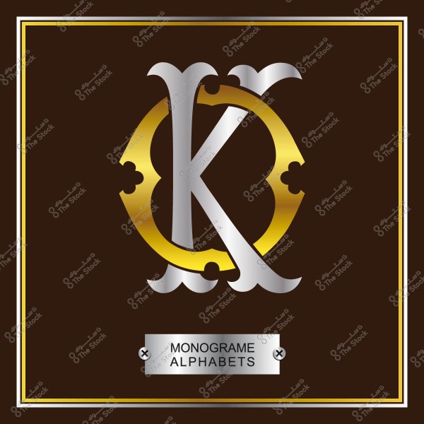 تصميم حرف K بمزيج من الألوان الفضية والذهبية على خلفية بنية, مع إطار ذهبي وعبارة "MONOGRAM ALPHABETS".