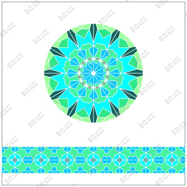 نمط دائري هندسي بألوان زرقاء وخضراء مع تكرار نفس النمط أسفل الصورة.