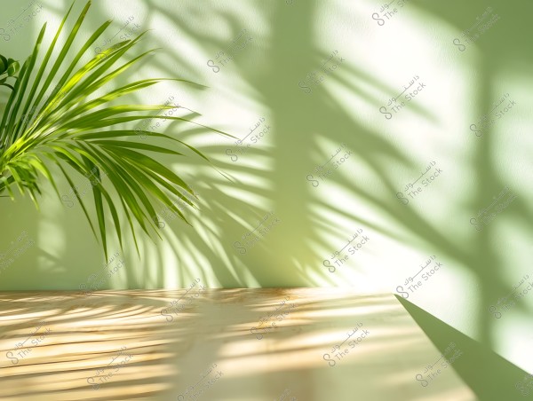 An image showing a green palm leaf angled to the left against a light green wall background. The shadow of the leaf is cast on the wall and on a wooden surface below, creating a natural and calming effect.