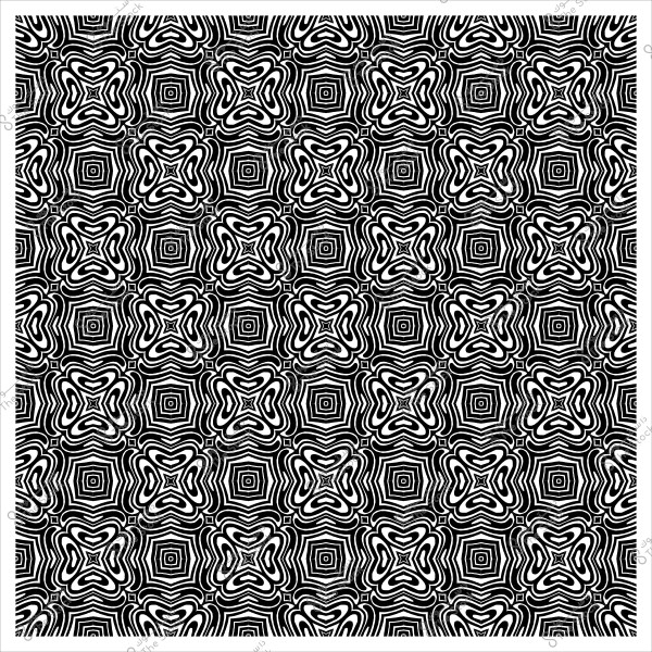 A black and white repeating pattern with intricate geometric shapes resembling flowers.