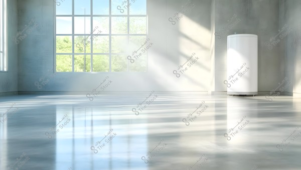 The image shows an empty room with sunlight illuminating it through a large glass window on the left side. The floor is glossy and reflects the light, while a white cylindrical boiler stands in the right corner. Trees outside the building are visible through the window.