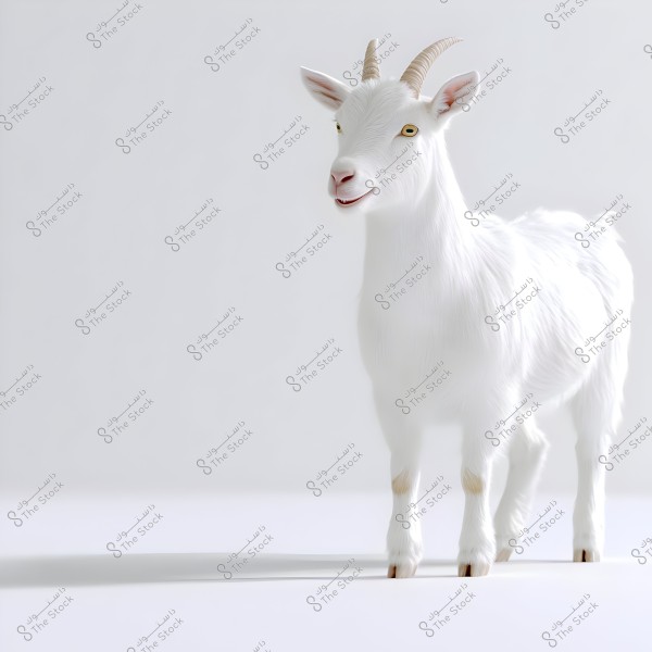 The image shows a white goat standing on a bright white background. The goat has short, upright horns and erect ears. It appears to have a smooth coat and expressive eyes.