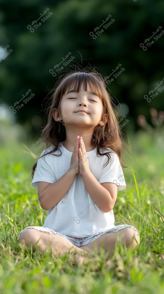 An image of a young girl sitting in a meditation pose in a green garden. She is wearing a white shirt and patterned shorts, closing her eyes and holding her hands together in a prayer pose. The background is blurred showing green grass and trees.