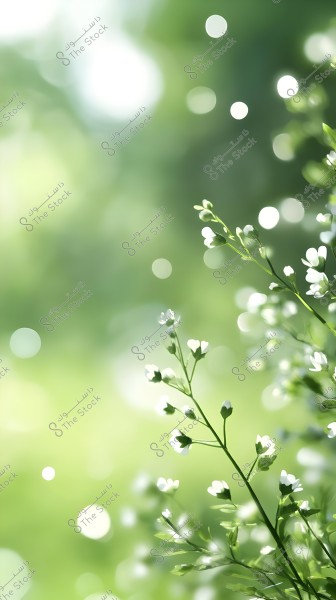 The image shows a branch of small white flowers in focus on the right side, with a green blurred background and scattered light bokeh throughout.