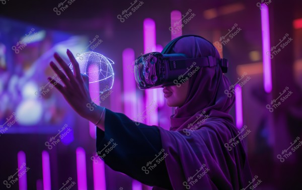 A woman wearing a hijab and virtual reality headset interacting with a 3D holographic display. The environment is surrounded by purple and blue neon lights.