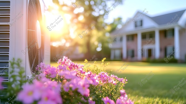 An image showing an air conditioning unit next to a cluster of bright pink flowers. In the background, sunlight shines over a green lawn and a large two-story house with a classic design and white columns. The scene conveys a serene and relaxing atmosphere.