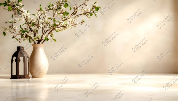 Image showing a beige ceramic vase with branches of white flowers and green leaves, placed on a light wooden surface. Next to the vase is a metal lantern with a traditional design casting shadows. The background is warmly lit in beige.