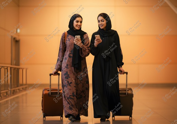 Two women smiling and walking inside an airport, pulling their suitcases. The women are wearing black and patterned abayas, along with black hijabs, while using their smartphones. The background shows a modern and spacious airport design.