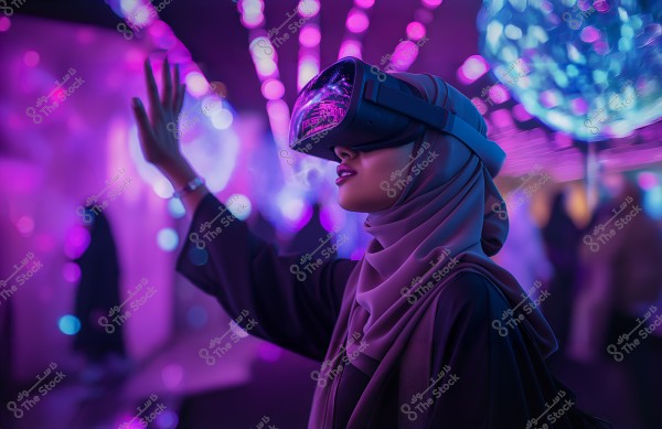 An image of a woman wearing a virtual reality headset in a vibrant environment illuminated with purple and blue colors. The woman is wearing a hijab and a dark-colored abaya, seemingly immersed in the virtual reality experience, as she raises her hand in the air as if interacting with the virtual world around her. In the background, glowing lights and circular shapes give the scene a futuristic feel.