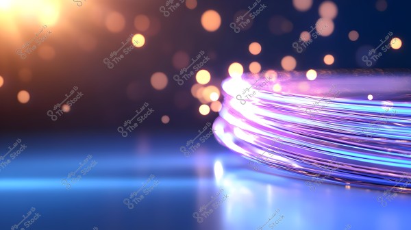 An abstract art image showing a bundle of optical fibers glowing in vibrant blue and purple colors against a dark background interspersed with circular orange bokeh lights. The fibers are arranged in a circular formation, emitting a bright glow on a shiny blue surface.