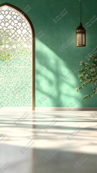 The image shows an interior design with calm colors. There is an arched window with an Arabic geometric pattern allowing light to pass through, casting beautiful shadows on the floor. The walls are painted in a soft green color with dangling plant branches visible on the right side. A decorative metal lantern hangs from the ceiling, complementing the decor theme.