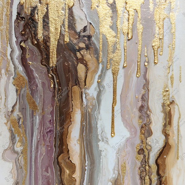 An abstract image featuring wavy color lines with a combination of brown, purple, white, and gold. The layers of paint appear to flow across the surface in an artistic manner, with golden details flowing vertically through the other colors, creating a sense of movement and fluidity in the artwork.