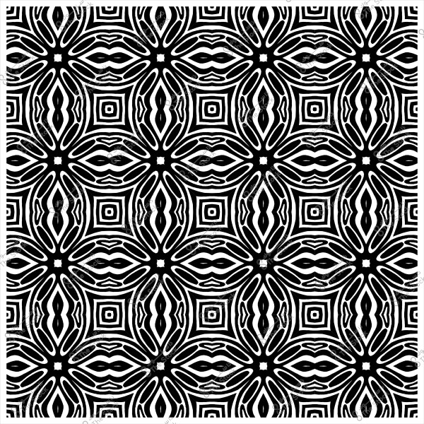 نمط هندسي متكرر باللونين الأبيض والأسود, يتميز بتصميم يشبه الأزهار والأشكال المربعة المتداخلة.