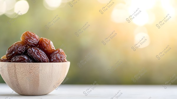 A small wooden bowl filled with glossy brown dates, placed on a white surface. The background is blurred with touches of green and golden hues, creating a natural and warm atmosphere.