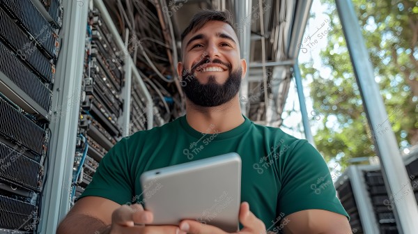 A portrait of a smiling man in a data center with several servers. The man is wearing a green shirt and holding a silver tablet. In the background, there is technical equipment, wiring, and a green environment visible through the window.
