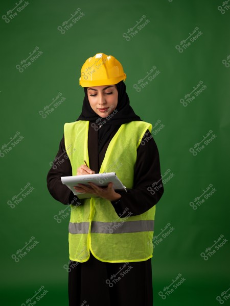 A photograph of a woman wearing a black hijab, a yellow safety vest, and a yellow hard hat, writing on a notepad. The background is green.