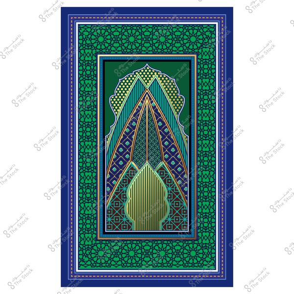 Islamic prayer rug design with green and blue colors and intricate geometric patterns.