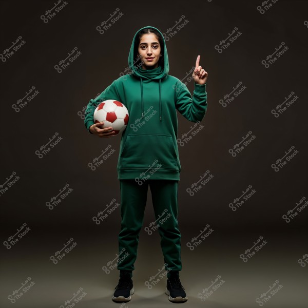 Image of a woman wearing green sports attire, including a hoodie and pants, holding a soccer ball in her right hand. She raises her left hand, pointing upwards. The background is dark, highlighting the details of the outfit and the ball.