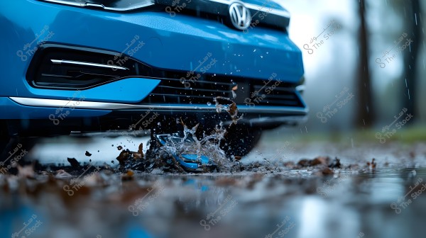 The image depicts the front section of a blue car driving over a small puddle, causing water and fallen leaves to splash into the air. The scene suggests rainy weather, with visible raindrops and a blurred background of trees.