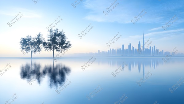 The image shows a serene landscape with a clear blue sky and two trees standing next to a calm lake that reflects their silhouettes. In the background, the city skyline with modern skyscrapers and towers is visible, covered in a light mist.