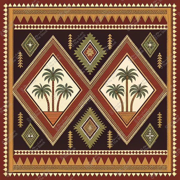 An image featuring a traditional decorative design showcasing two palm trees in pots within diamond-shaped geometric patterns on an elaborate background. The design includes geometric elements and botanical motifs in shades of brown, yellow, green, and red, reflecting an old Arabic style and Saudi heritage.