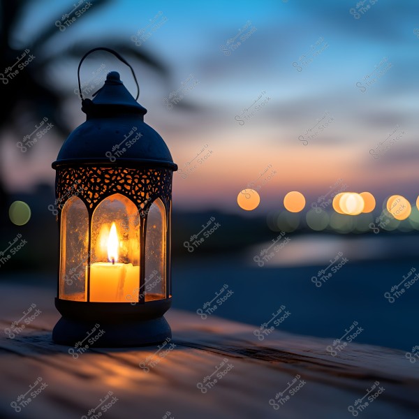 A traditional lantern with an intricate design is lit by a candle inside, placed on a wooden surface against the backdrop of a sunset. The horizon displays the calm colors of the sky mixed with purple, orange, and blue, with blurred lights in the background and faint outlines of palm trees.