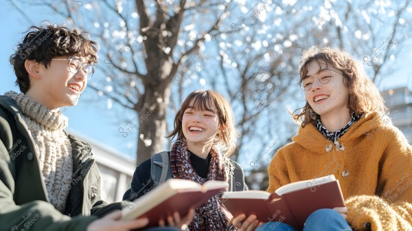 Three people sitting outdoors on a sunny day, laughing and reading books. Background trees are in bloom, and the sky is blue. The individuals are wearing winter clothing, such as thick jackets and glasses.