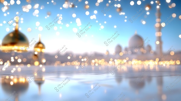 Image of lights in a blurry background showing golden domes of a mosque with a minaret. In the background, a large mosque appears in bright light surrounded by sparkling lights against a blue sky.