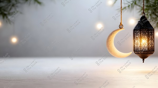 An image showing a traditional-style lantern with an intricate design, emitting a warm glow, hanging next to a white crescent. The background is blurred with small hanging lights and some foliage in the upper corner, suggesting a serene and festive atmosphere.