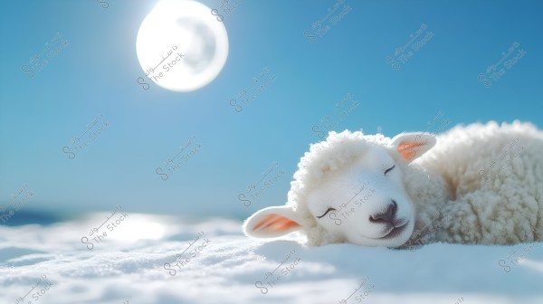 An image of a small lamb sleeping on the snow under a clear blue sky with a bright sun. The wool appears soft and beautiful, creating a sense of tranquility and comfort.